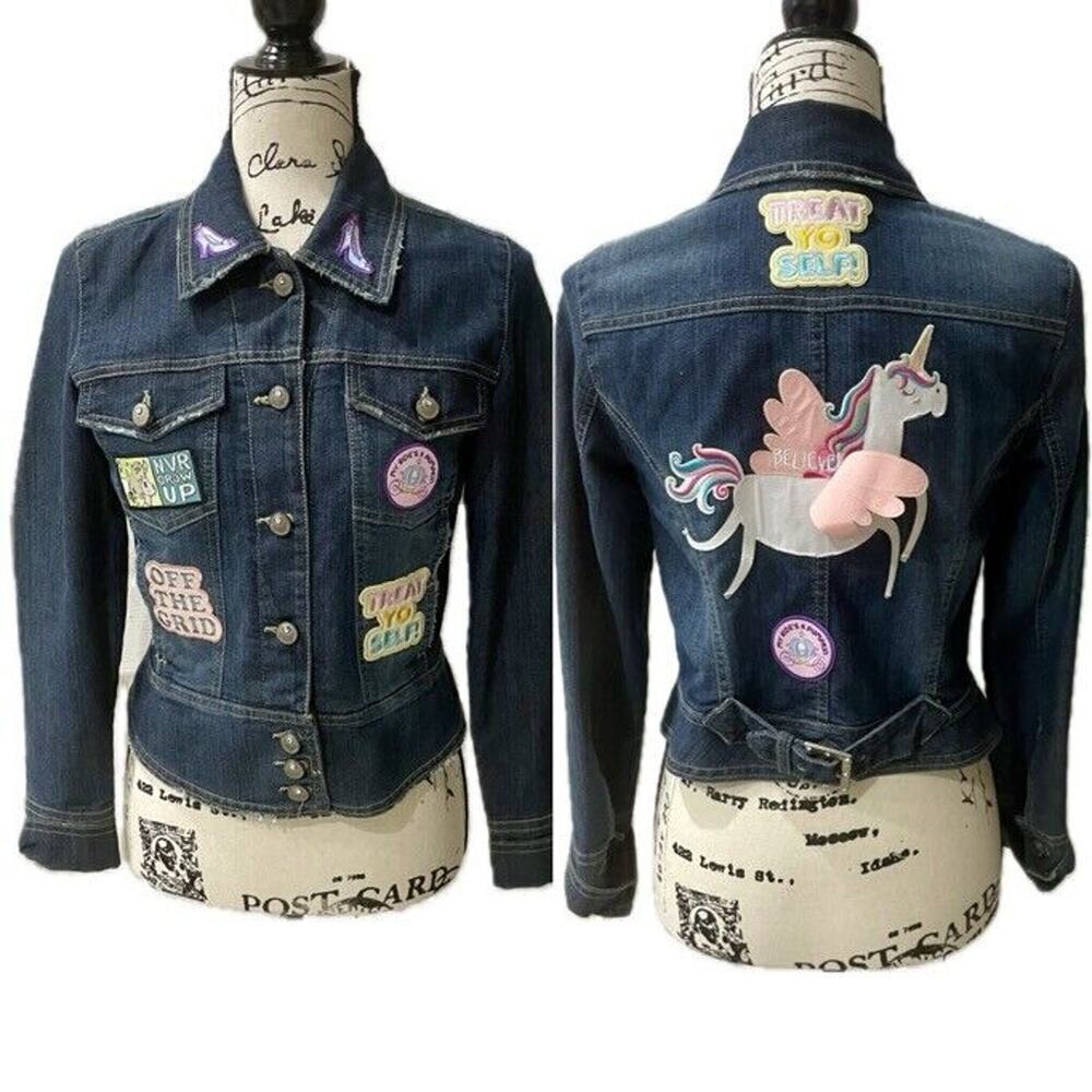 Bandolinoblu Denim Moto Jacket Patched EMBELLISH UNICORN DISSTRESSED Y2K‎ Kawaii